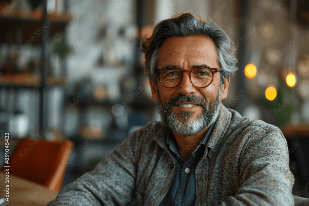 Smiling Middle Aged Businessman Using Mobile Phone at Desk in Modern Office Smiling Middle Aged Businessman Using Mobile Phone at Desk in Modern Office
