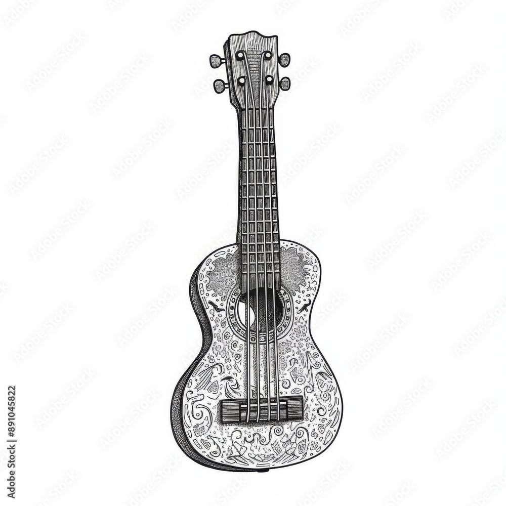 Naklejka premium Black and white Vintage engraved art of a ukulele isolated on white background, ink sketch illustration, simple vector art design, highly detailed line art, high contrasty. 