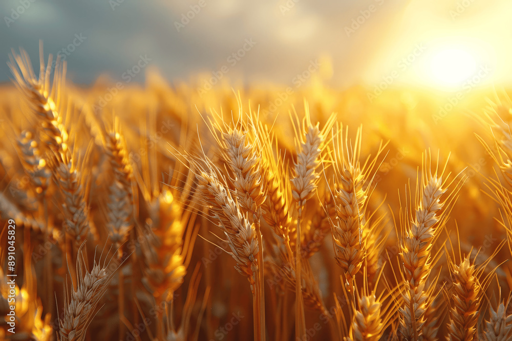Golden Wheat Field at Sunset with Swaying Crops in Summer Harvest Scene Golden Wheat Field at Sunset with Swaying Crops in Summer Harvest Scene