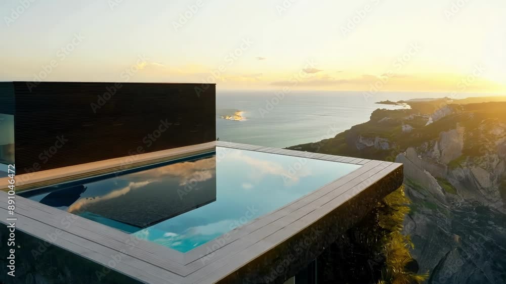 A contemporary cliff house with a dramatic design featuring a rooftop patio and infinity pool jutting over the edge of the cliff A contemporary cliff house with a dramatic design featuring a rooftop patio and infinity pool jutting over the edge of the cliff