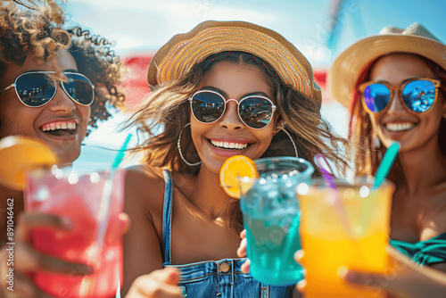 Happy Diverse Friends Toasting Cocktails at Beach Amusement Park Summer Day photo