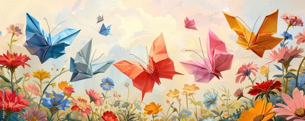 Fototapeta premium Colorful origami butterflies, intricately folded, fluttering around a serene garden, rich in bright flowers, sketch style, soft pastel tones
