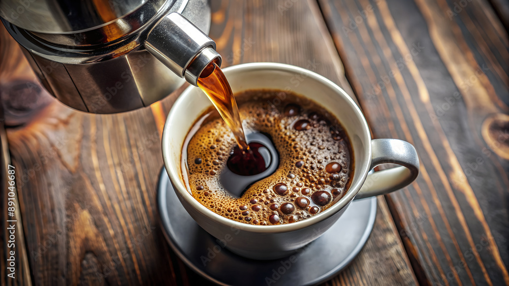 Freshly brewed coffee pouring from pot into cup on wooden table Freshly brewed coffee pouring from pot into cup on wooden table
