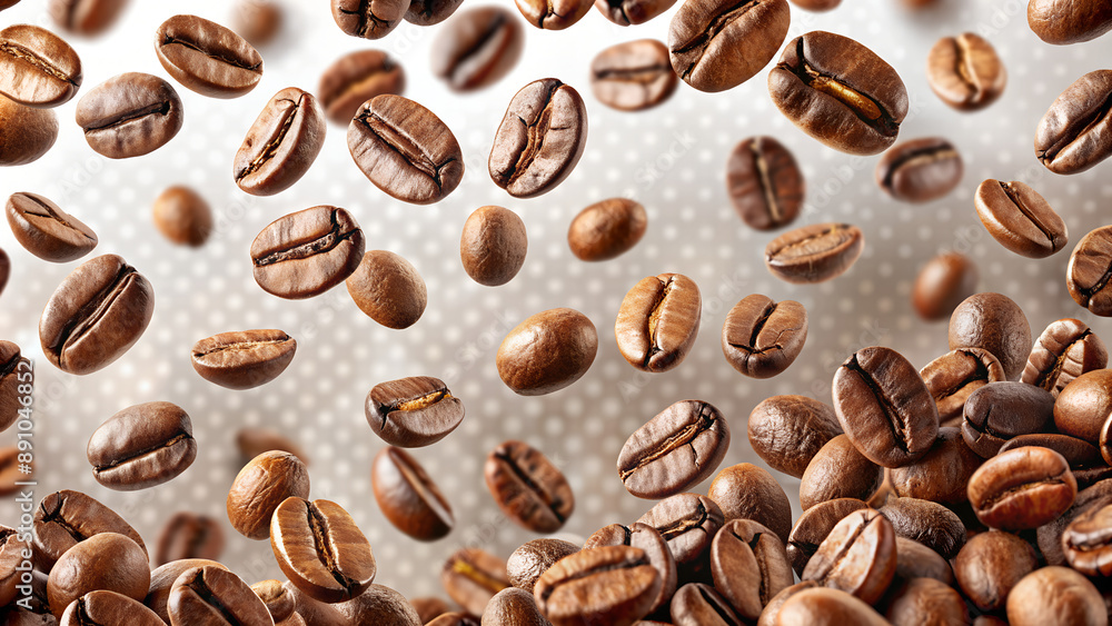 Close up of roasting coffee beans in mid air with soft bokeh background Close up of roasting coffee beans in mid air with soft bokeh background