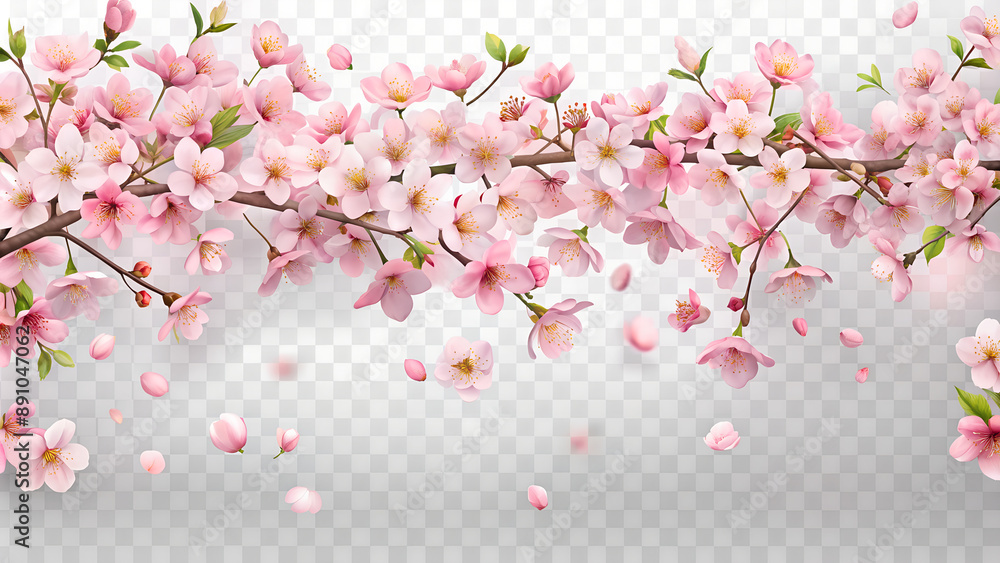 Fototapeta premium Beautiful pink cherry blossom branch with falling petals on transparent background