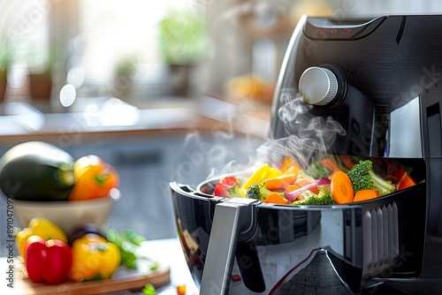 Air Fryer with Basket of Roasted Vegetables photo