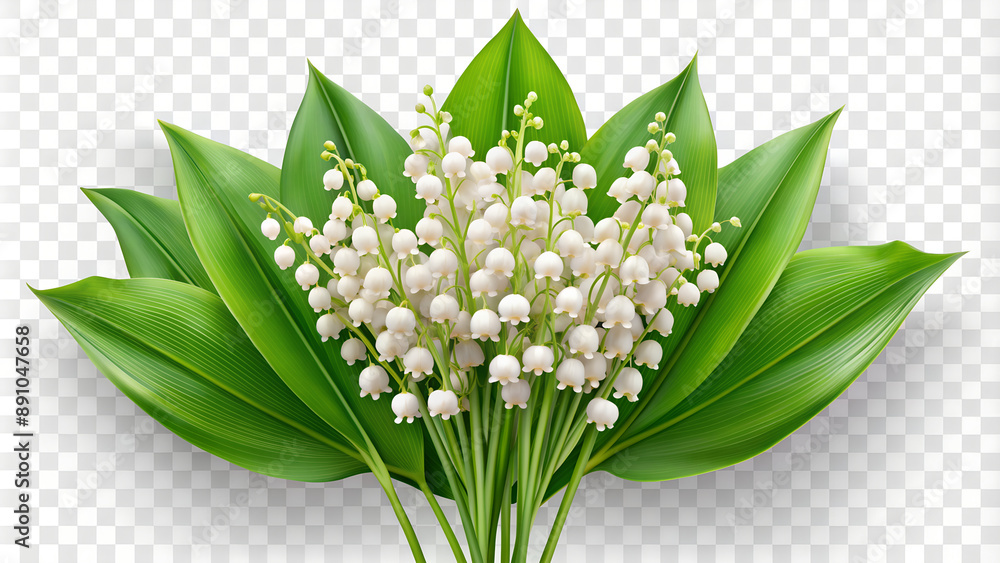 Obraz premium Beautiful lily of the valley flowers with green leaves on transparent background