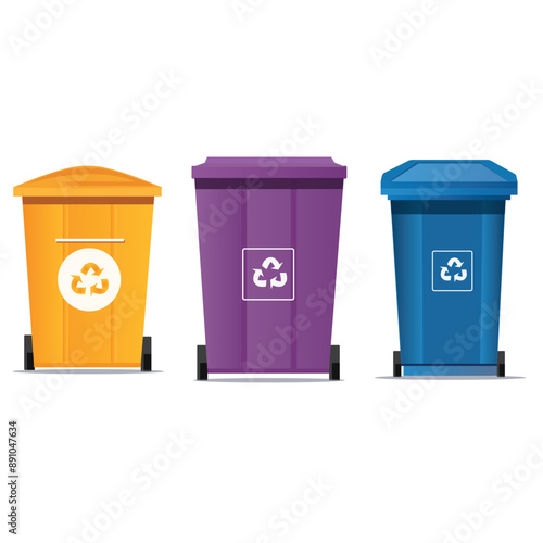 Set of dustbin with recycle symbol. Colorful trash cans with recycling icon. Dustbin with wheel for recycling different types of waste. Waste sorting containers. Vector illustration.