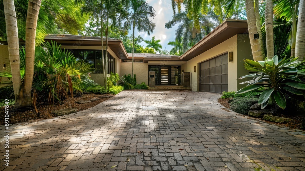 A house with a white exterior and a green palm tree in front of it. The house is surrounded by a lush green garden A house with a white exterior and a green palm tree in front of it. The house is surrounded by a lush green garden