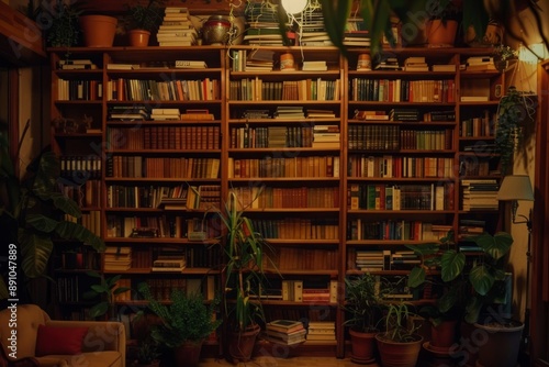 A Cozy Library Filled with Books and Plants