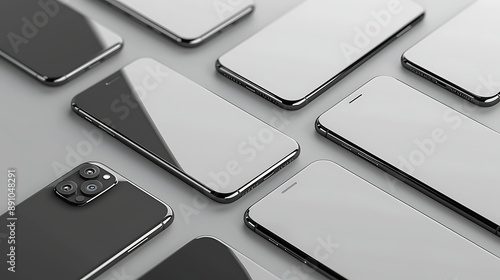 Assorted sleek phone models showcasing advanced screen features, set against a transparent background. 