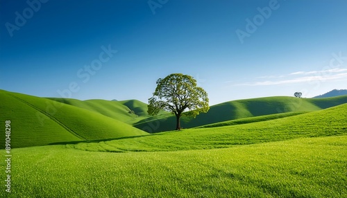 A scenic summer landscape with rolling green hills, a farmhouse nestled amongst trees, and fluffy clouds drifting across a blue sky