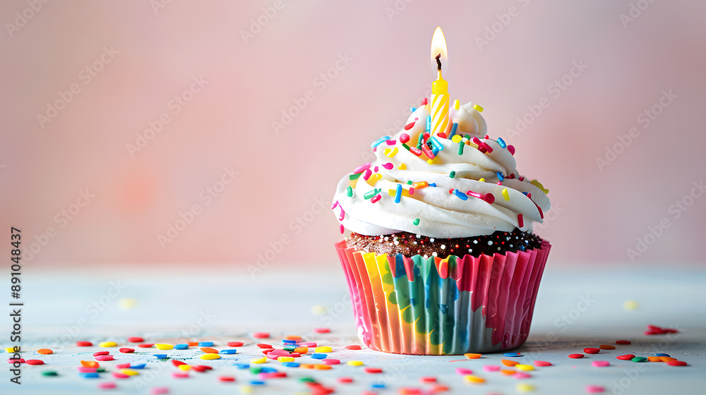 Colorful birthday cupcake with candles on table, light background, festive and decorative appearance Colorful birthday cupcake with candles on table, light background, festive and decorative appearance