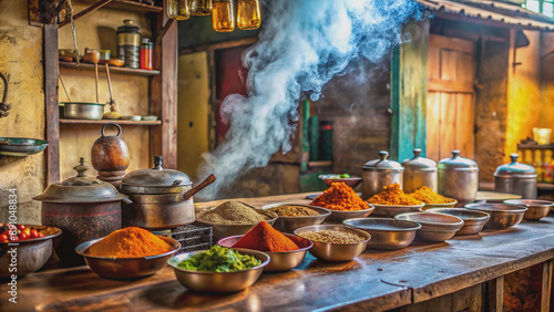 Fototapeta Naklejka Na Ścianę i Meble -  Cozy dhaba interior with rustic wooden counter, vibrant Indian spices, and steaming kettle, capturing essence of small food business in rural India setting.