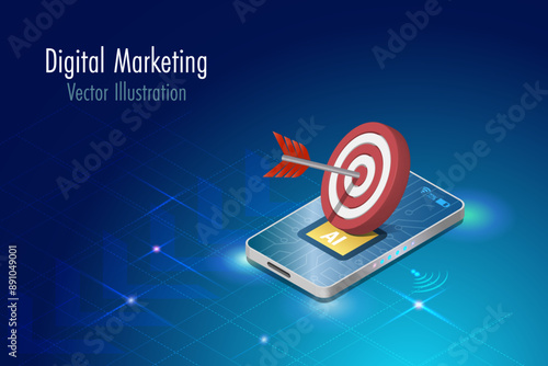 Digital marketing using AI artificial intelligence in business target. Red target arrow on smartphone with AI on circuit board. Implement of AI in business data analysis research. 3D vector.