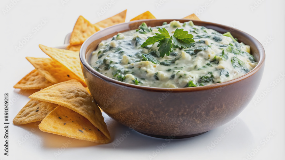 Warm bowl of creamy spinach dip with garlic and Parmesan, served with crispy tortilla chips, isolated on a clean white background, perfect for snacking. Warm bowl of creamy spinach dip with garlic and Parmesan, served with crispy tortilla chips, isolated on a clean white background, perfect for snacking.
