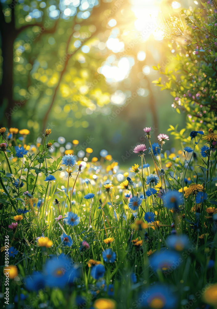 Fototapeta premium Idyllic spring meadow with lush grass, blooming flowers, green trees, blue sky, sunlight and dandelions