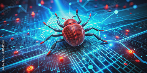 A futuristic digital world depicts a vulnerable server node infected with malware, as a red glowing bug crawls across the code, threatening virtual reality. photo