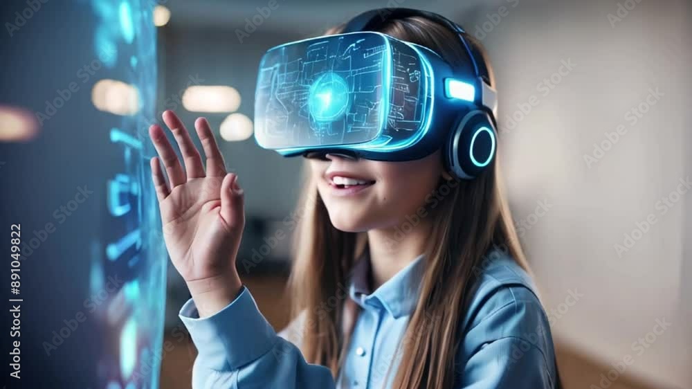 School student with VR headset using AI artificial intelligence technology & machine learning.Interactive technology in classroom. Innovation & smart tech. AI blue hologram in education School student with VR headset using AI artificial intelligence technology & machine learning.Interactive technology in classroom. Innovation & smart tech. AI blue hologram in education