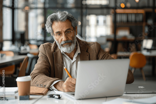 Wallpaper Mural Focused middle-aged businessman writing notes on laptop at desk in modern office, virtual meeting, copy space Torontodigital.ca