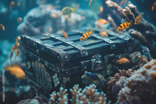 Sunken Treasure Chest Surrounded By Colorful Fish in an Underwater Coral Reef