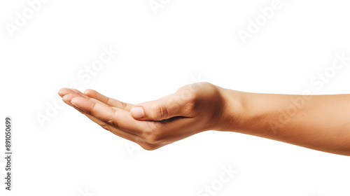 Open human hand in a gesture of offering against a white background
