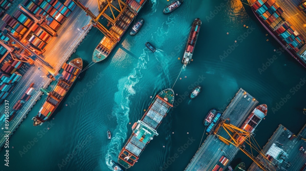 A bird's-eye view of a bustling port, with ships docked and cranes ...