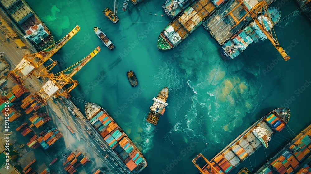 A bird's-eye view of a bustling port, with ships docked and cranes ...