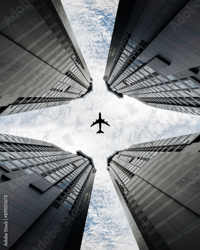 Surrounded by buildings There was a plane flying past in the middle. It's a decorative picture.