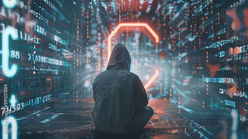 Hacker in a Hoodie Sitting Within a Hologram of Code, With the Letter 