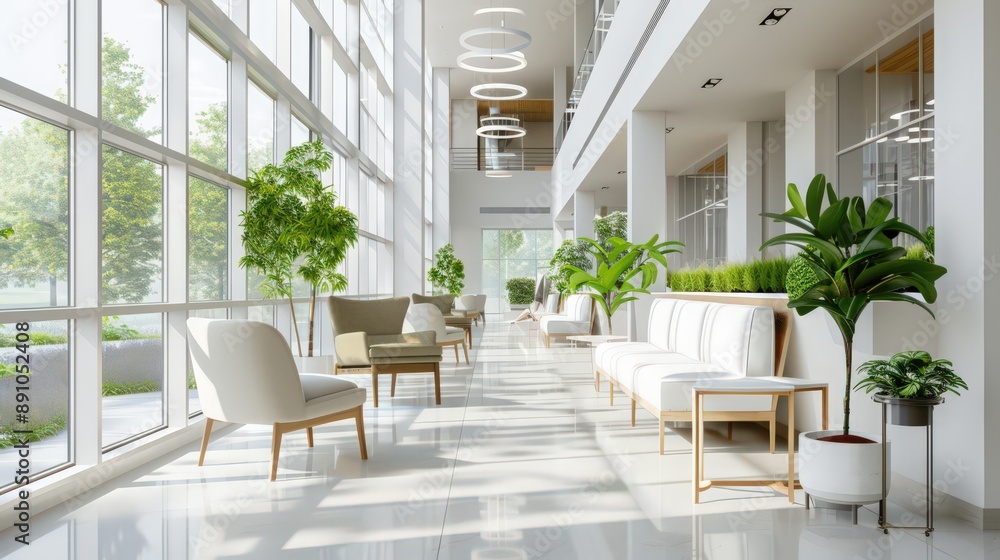 A bright hospital interior with modern furnishings, clean white walls, and large windows allowing natural light to flood the space. The calm atmosphere is accentuated by green plants and soft, A bright hospital interior with modern furnishings, clean white walls, and large windows allowing natural light to flood the space. The calm atmosphere is accentuated by green plants and soft,