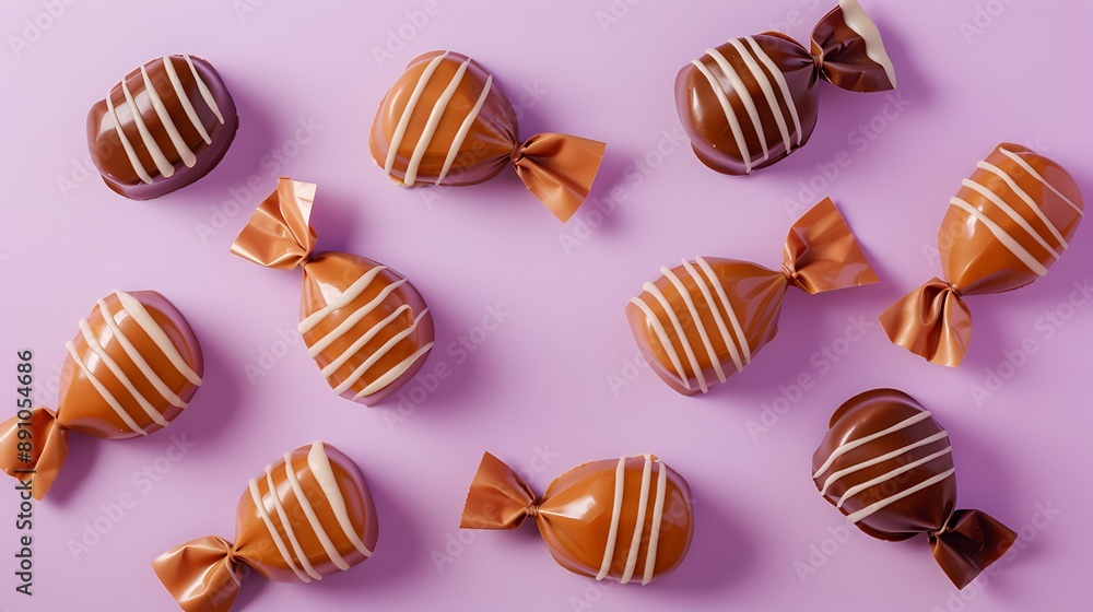 Caramel striped candy set isolated on the purple background Caramel striped candy set isolated on the purple background