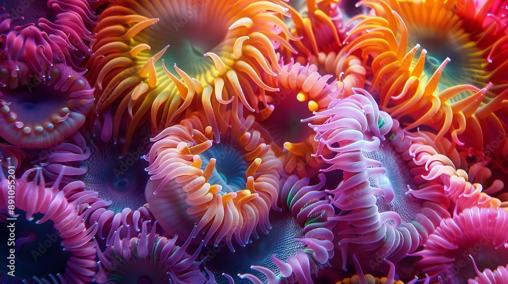 Close-up of Vibrant Sea Anemones with Vivid Colors and Intricate Textures, Coral Reef, Underwater World, Marine Life, Sea Anemones Close-up of Vibrant Sea Anemones with Vivid Colors and Intricate Textures, Coral Reef, Underwater World, Marine Life, Sea Anemones