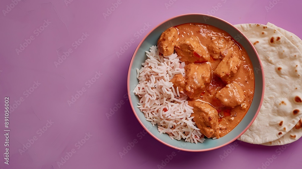 Chicken tikka masala in a spicy sauce with rice and chapati bread purple background Chicken tikka masala in a spicy sauce with rice and chapati bread purple background
