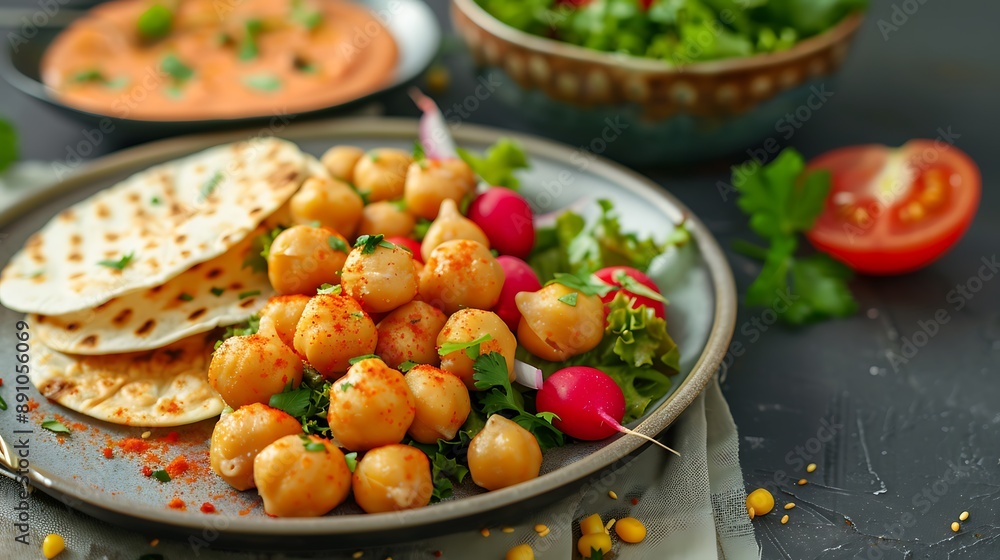 Chickpeas balls with tortillas pink sauce and vegetable salad on a plate Chickpeas balls with tortillas pink sauce and vegetable salad on a plate