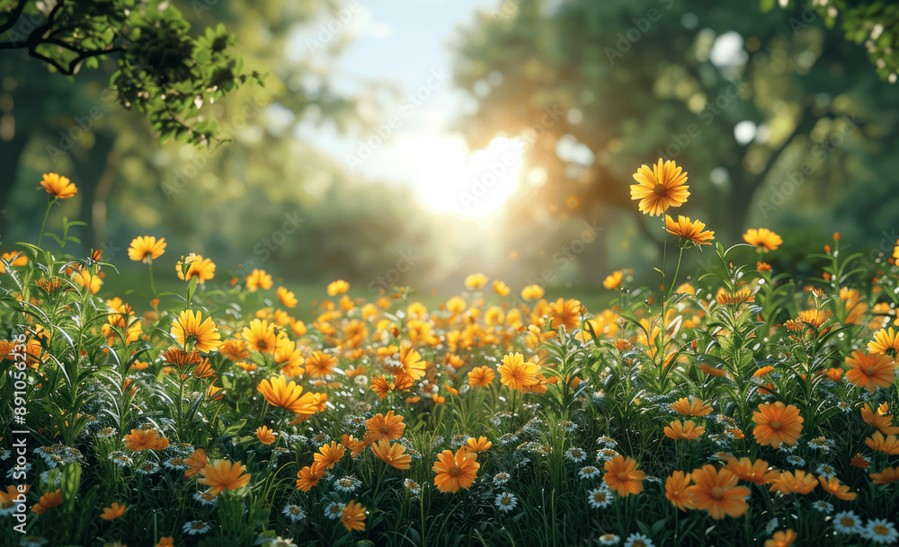 Serene spring meadow with blooming flowers and trees under sunny blue skies Serene spring meadow with blooming flowers and trees under sunny blue skies