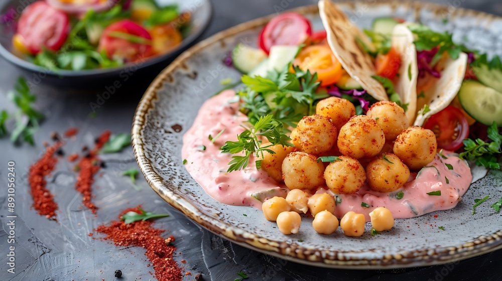 Chickpeas balls with tortillas pink sauce and vegetable salad on a plate Chickpeas balls with tortillas pink sauce and vegetable salad on a plate