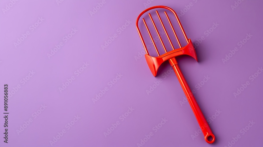 Childrens toys red small rake isolated on purple background Childrens toys red small rake isolated on purple background