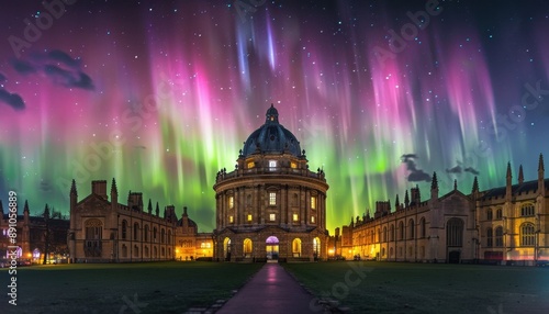 The Radiant Aurora Borealis Over Oxford's Radcliffe Camera at Night
