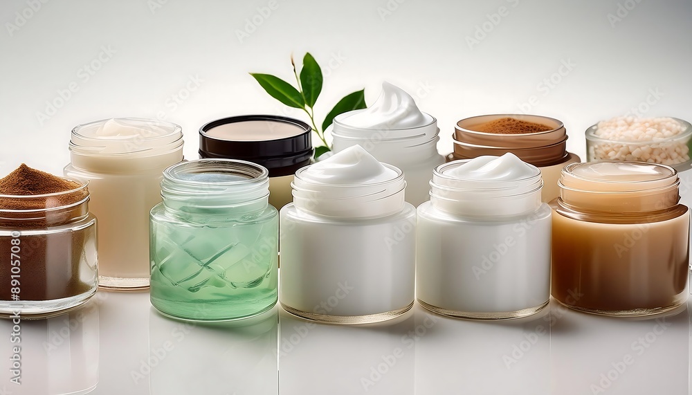 White ceramic cups with lids sit beside glass jars of coffee beans and natural cream, arranged for a spa-like morning beverage White ceramic cups with lids sit beside glass jars of coffee beans and natural cream, arranged for a spa-like morning beverage