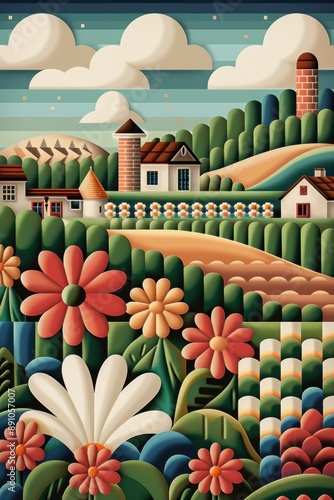 A painting of a rural landscape with a house and a barn. The flowers are in the foreground and the background is a mix of green and brown