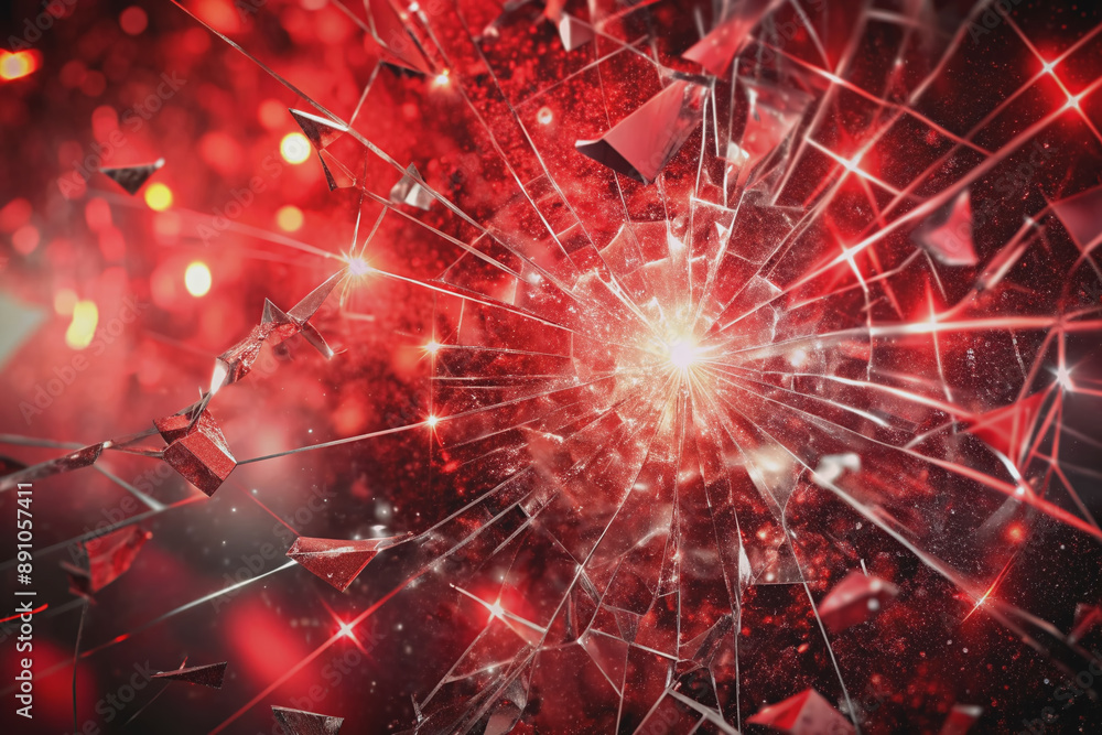 Fototapeta premium Intense red background with shattered fragments and abstract blurred lights conveying a furious emotional state, epitomizing anger and frustration without a human presence.