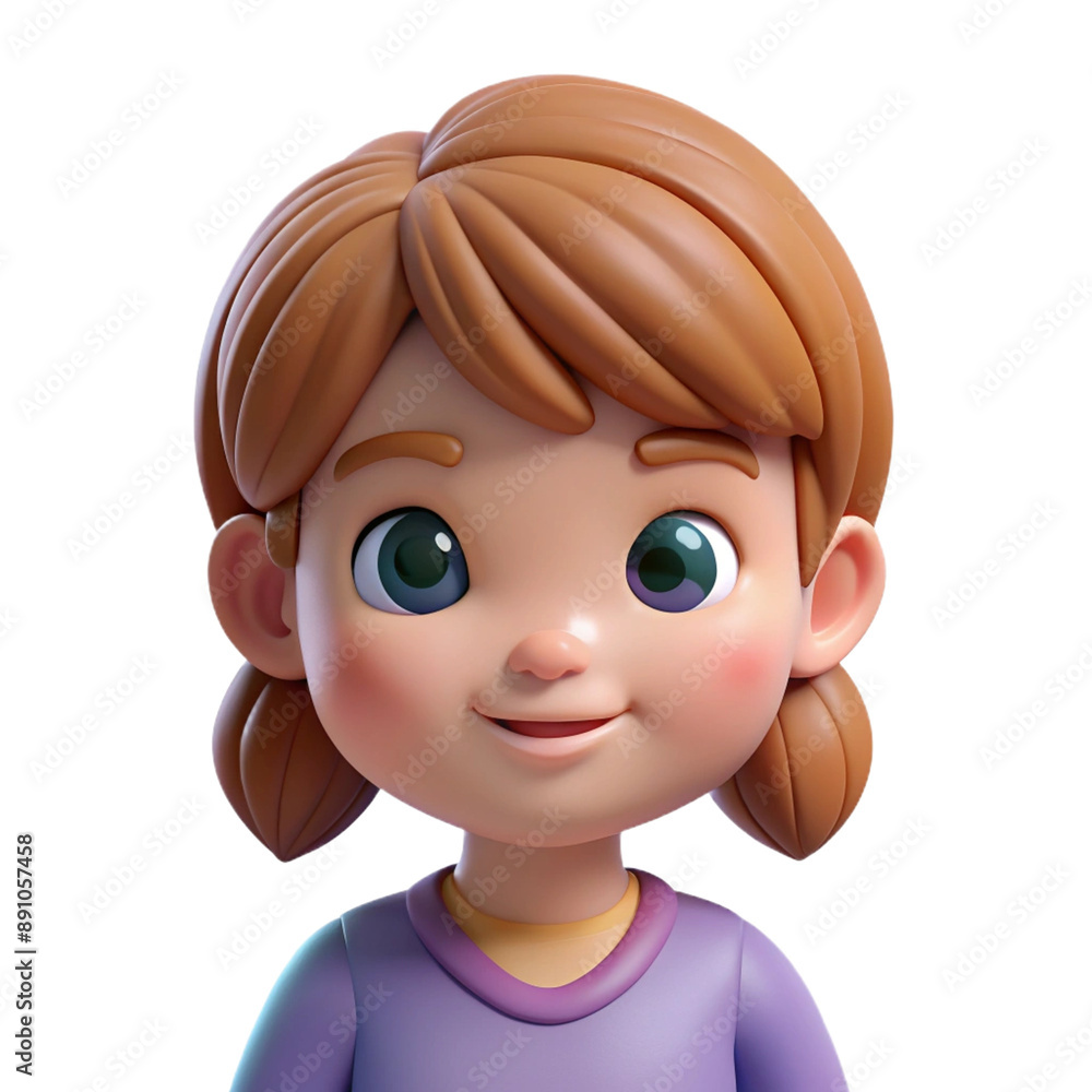 A cute 3D rendering of a little girl with big eyes, pigtails, and a blue dress, smiling warmly, in a simplistic and charming style A cute 3D rendering of a little girl with big eyes, pigtails, and a blue dress, smiling warmly, in a simplistic and charming style