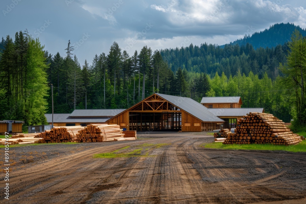 Lumberyard operations focused on resource management Pictures show different aspects. of the sawmill Including lumber piles, forklifts and a working sawmill.