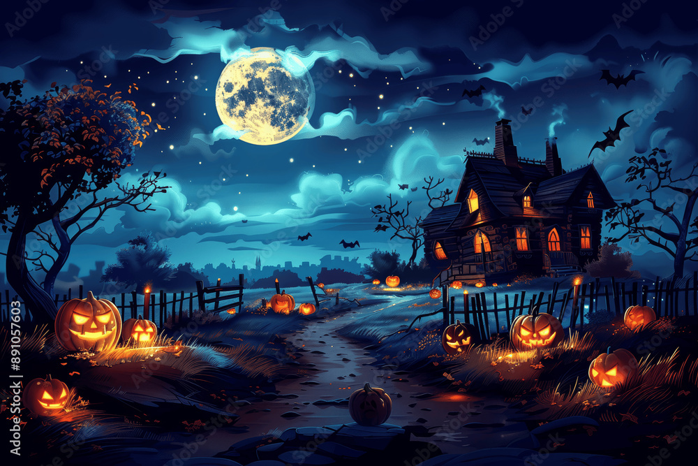 Halloween Night with Haunted House, Full Moon, and Cartoon Characters Halloween Night with Haunted House, Full Moon, and Cartoon Characters