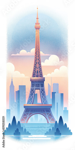 An illustration of the Eiffel Tower with a pastel gradient sky and a cityscape in the background. The scene captures the iconic Parisian landmark with a soft, dreamy aesthetic