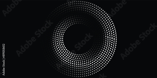 White vector halftone dots in spiral form. Geometric art. Segmented circle. Circular shape. Trendy design element for border frame, round logo, tattoo, sign, symbol, badge, emblem, web pages. eps 10