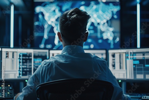 Security analyst reviewing logs on multiple monitors, showcasing proactive cybersecurity monitoring