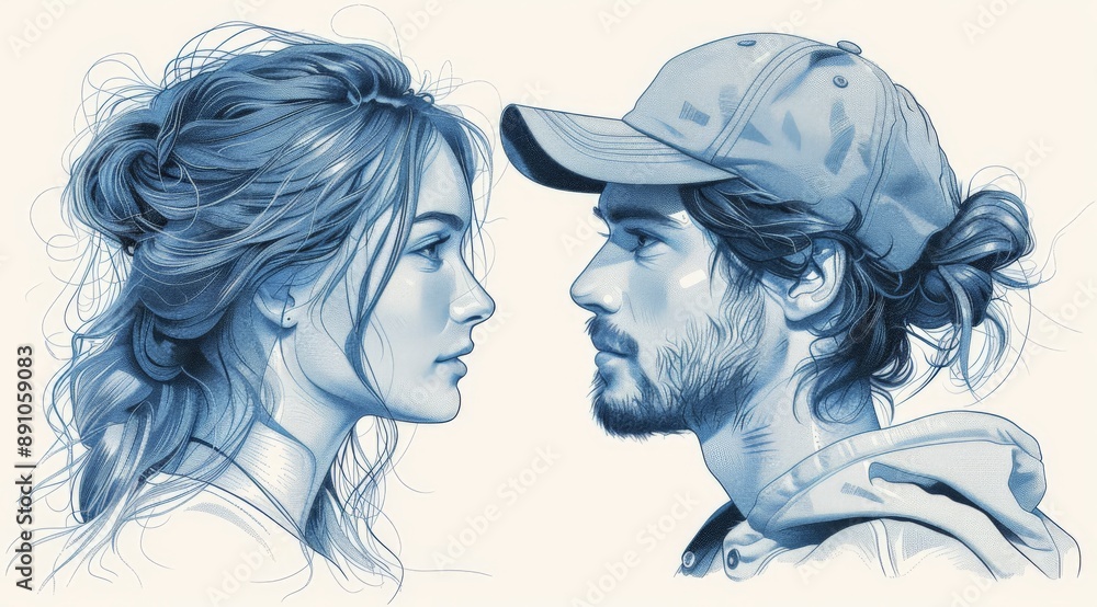 The Gaze: A digital illustration of a young couple, their eyes locked in a tender, intimate moment, conveying a sense of deep connection, love, and unspoken words. The Gaze: A digital illustration of a young couple, their eyes locked in a tender, intimate moment, conveying a sense of deep connection, love, and unspoken words.