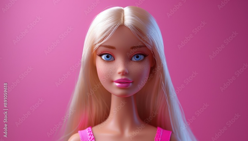 Close Up Portrait of a Blonde Doll With Blue Eyes Against a Pink Background Close Up Portrait of a Blonde Doll With Blue Eyes Against a Pink Background